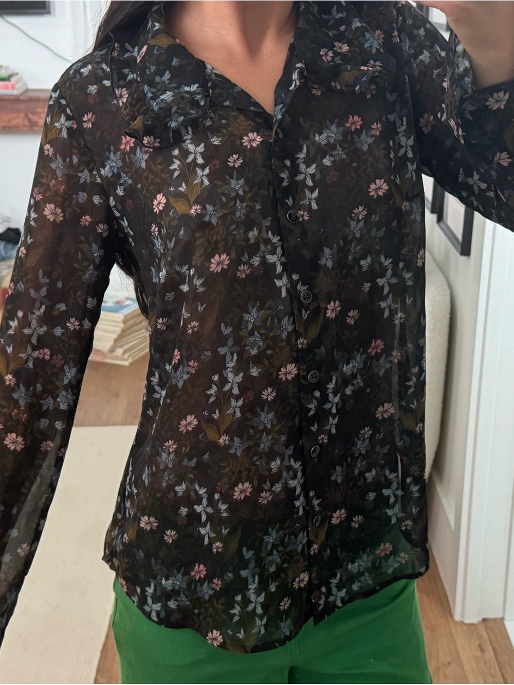 CAbi Black Sheer Floral Button-Down Blouse with Pink & Blue Flowers